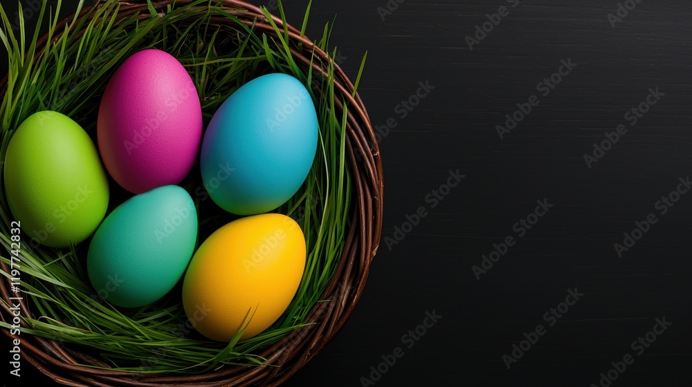 colorful easter eggs in a basket on a black background colorful easter eggs in a basket on a black background