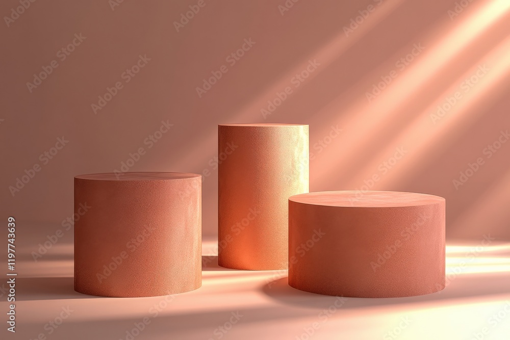 Three Peach-Colored Cylinders on a Studio Background Three Peach-Colored Cylinders on a Studio Background