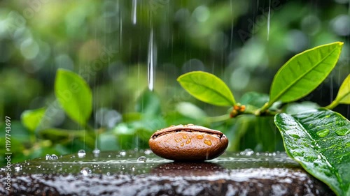 Close-up of a coffee bean resting on a wet stone amidst lush green foliage during a rain shower
