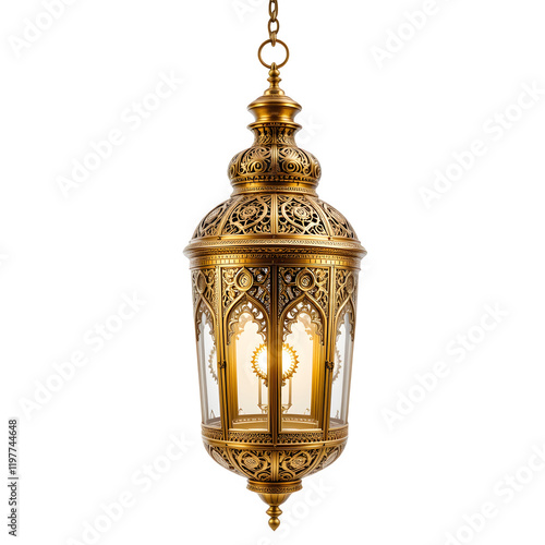 The Ramadan golden lantern isolated on PNG background.