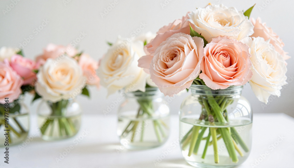 Obraz premium Elegant floral arrangements in pastel tones on white table, romantic ambiance