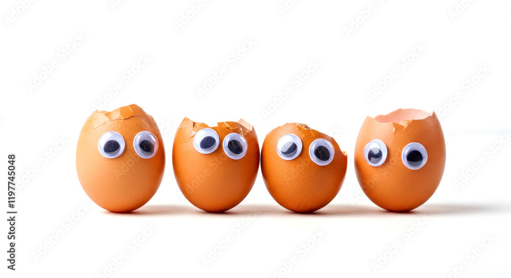 Creative Eggshell Characters with Eyes on White Background. Easter concept Creative Eggshell Characters with Eyes on White Background. Easter concept