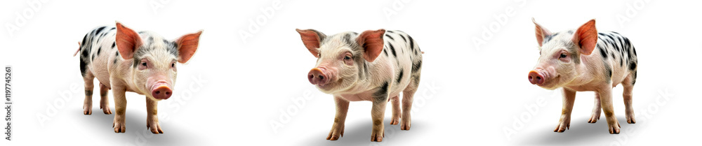 Three Adorable Spotted Piglets on White Background Three Adorable Spotted Piglets on White Background