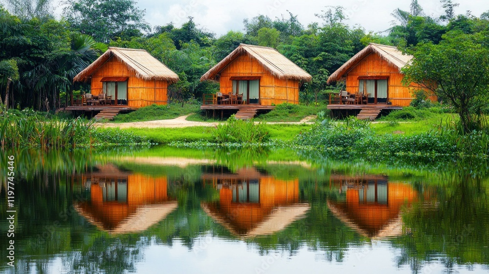 Obraz premium Tropical lakefront bungalows, serene reflection, lush forest