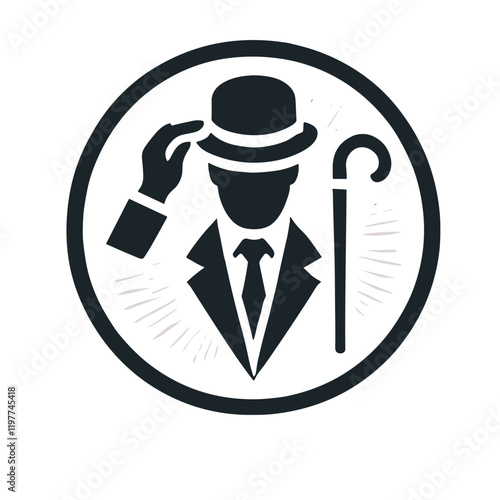 Classic gentleman icon tipping his hat in circle, elegant silhouette with cane in vector design
