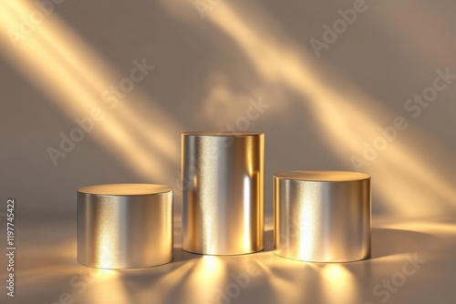 Three Gold Cylinders on Beige Background