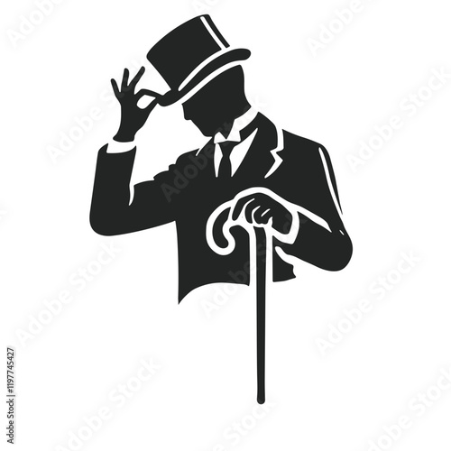 Dapper gentleman icon tipping his hat, elegant silhouette with cane in classic vector design