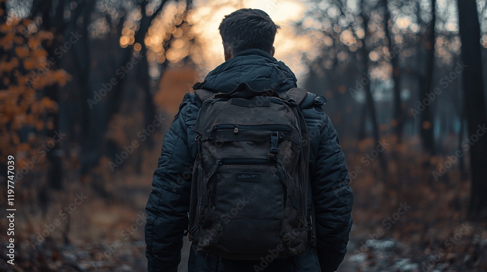 Man with backpack walking in autumn forest. Man with backpack walking in autumn forest.