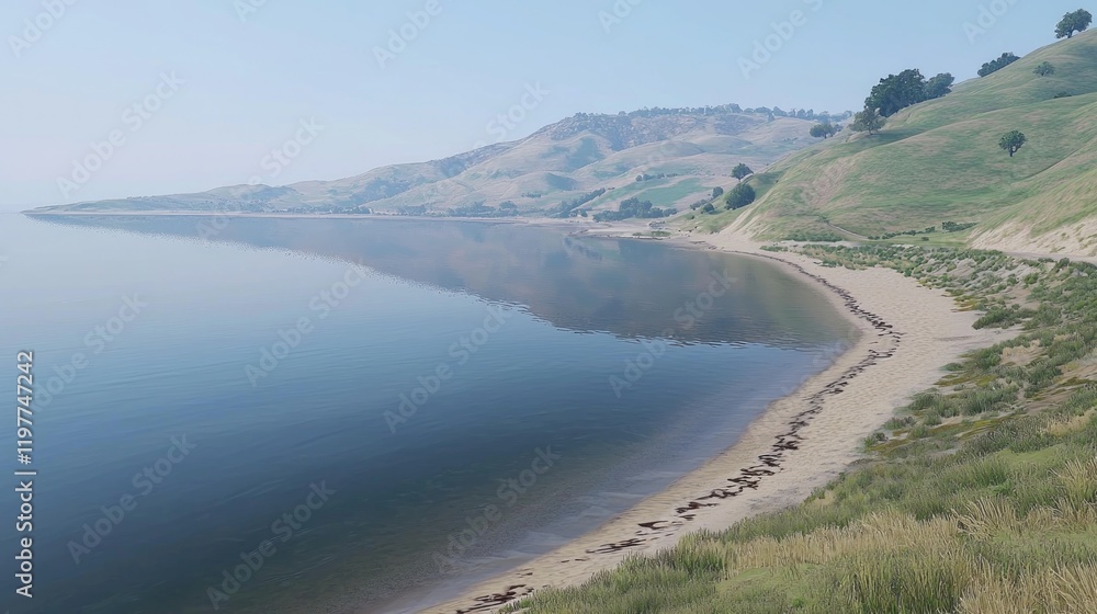 Serene lake beach, hills reflecting, calm morning, coastal landscape, travel brochure Serene lake beach, hills reflecting, calm morning, coastal landscape, travel brochure