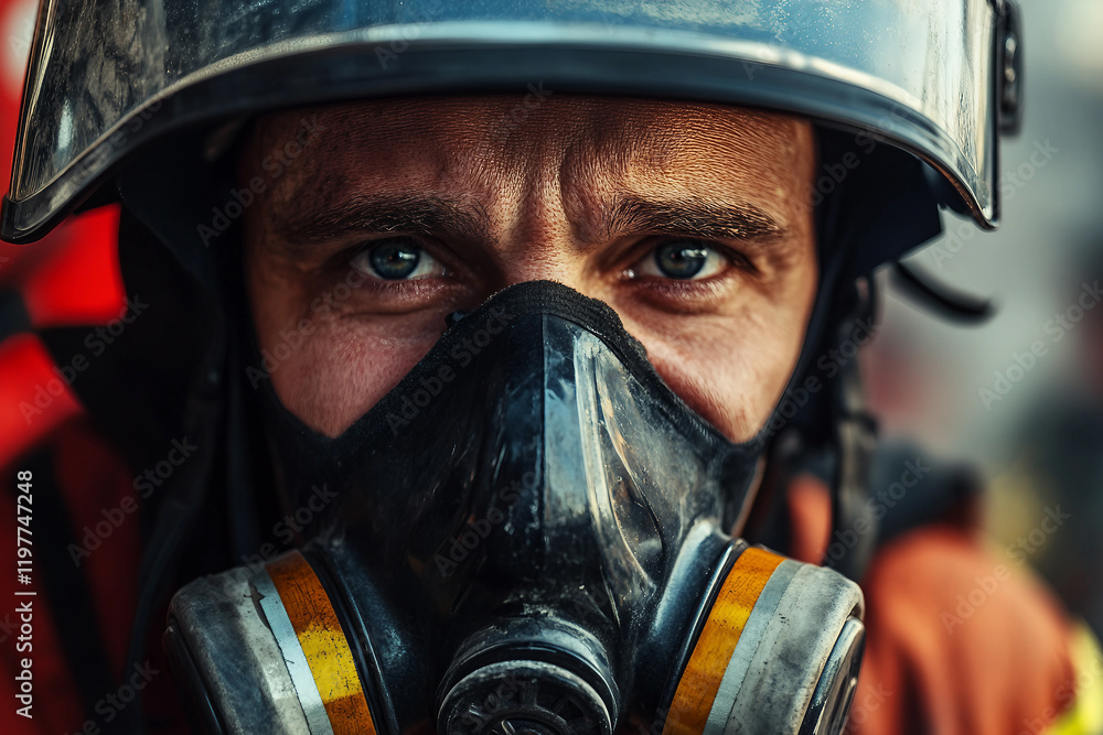 Fototapeta premium Generative AI Representation of a Firefighter Wearing a Protective Gas Mask During a Rescue Operation