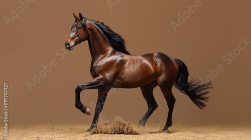 Elegant brown horse walking on sandy ground perfect for equestrian branding farm visuals or natural storytelling content