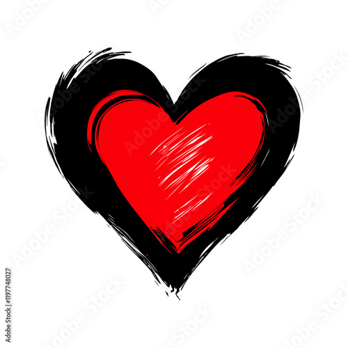 Stylized red heart with black brushstroke outline on white background. Represents love, passion, and creative expression. Valentine's day illustration.