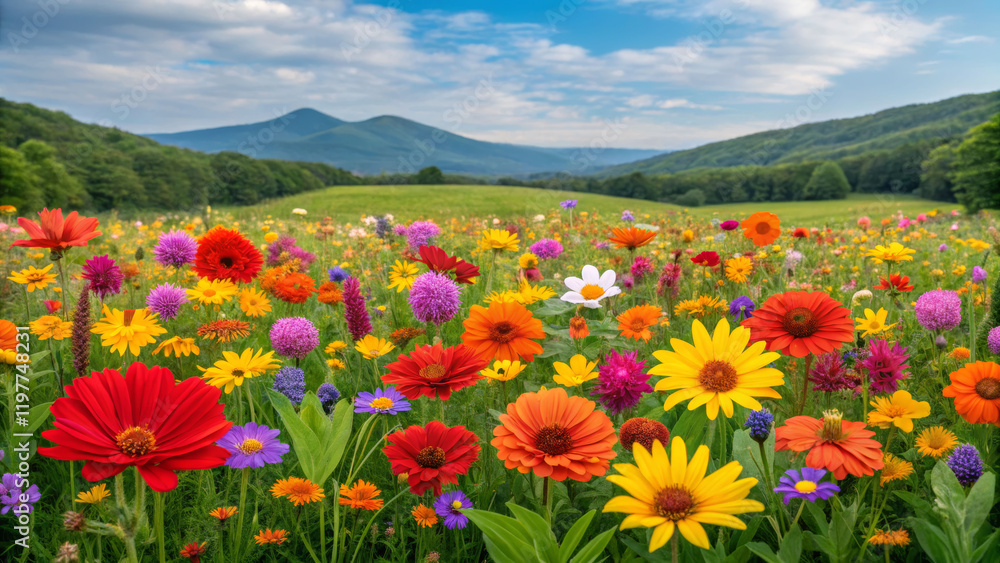 Vibrant wildflower meadow blooms in lush green landscape scenic viewpoint nature photography tranquil environment Vibrant wildflower meadow blooms in lush green landscape scenic viewpoint nature photography tranquil environment