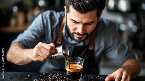 Wallpaper Mural Barista pouring espresso, cafe, coffee beans, dark background, menu Torontodigital.ca