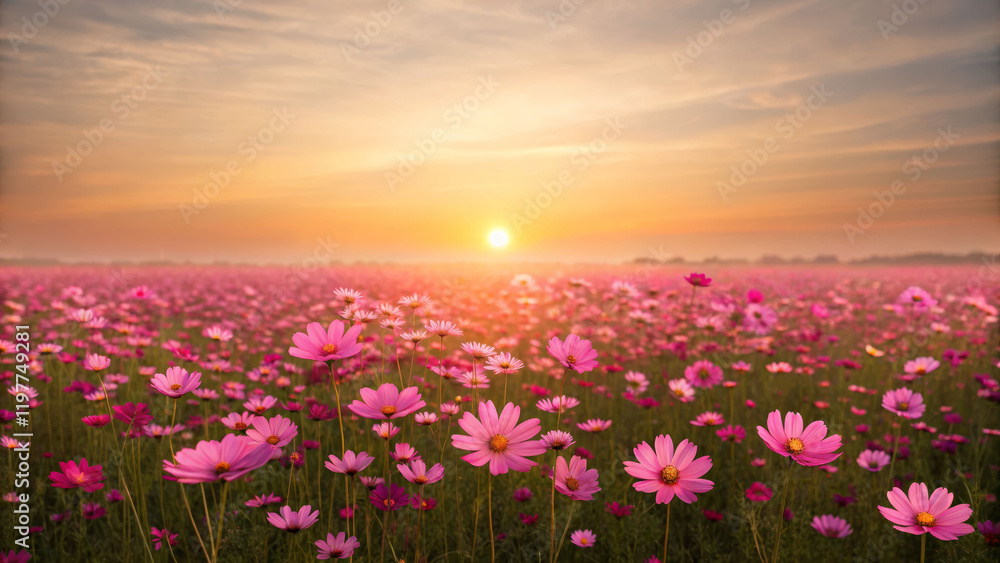 Sunset over a meadow of pink flowers field view nature photography tranquil environment eye level perspective Sunset over a meadow of pink flowers field view nature photography tranquil environment eye level perspective