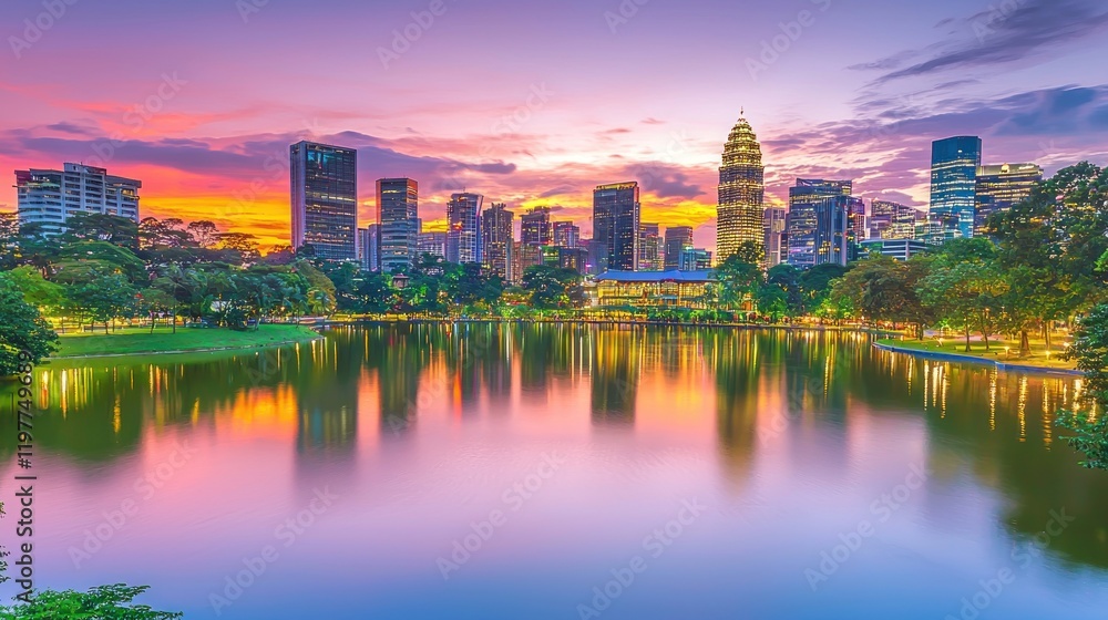 Obraz premium Cityscape sunset park reflection, urban lake, twilight