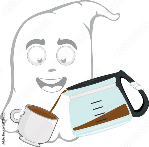 vector illustration character ghost cartoon, drinking a cup of coffee