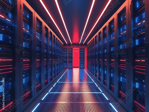 Modern high-tech server room with glowing LEDs representing technology, symmetry, depth, and innovation.

 photo