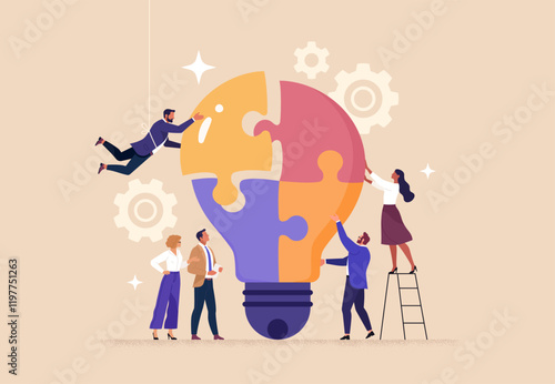 Business Brainstorm Concept. Contemporary flat style vector illustration of a group of diverse people in business suits putting together a light bulb puzzle. Isolated on background.