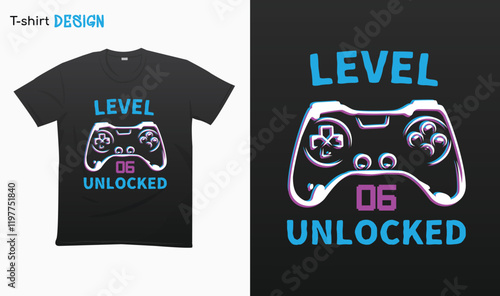 "Level 06 Unlocked" Retro vintage controller design. Funny birthday gaming style, t-shirt. T-shirt mock up vector. Eps 10 vector