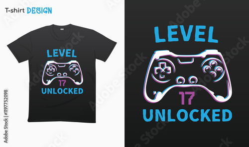 "Level 17 Unlocked" Retro vintage controller design. Funny birthday gaming style, t-shirt. T-shirt mock up vector. Eps 10 vector