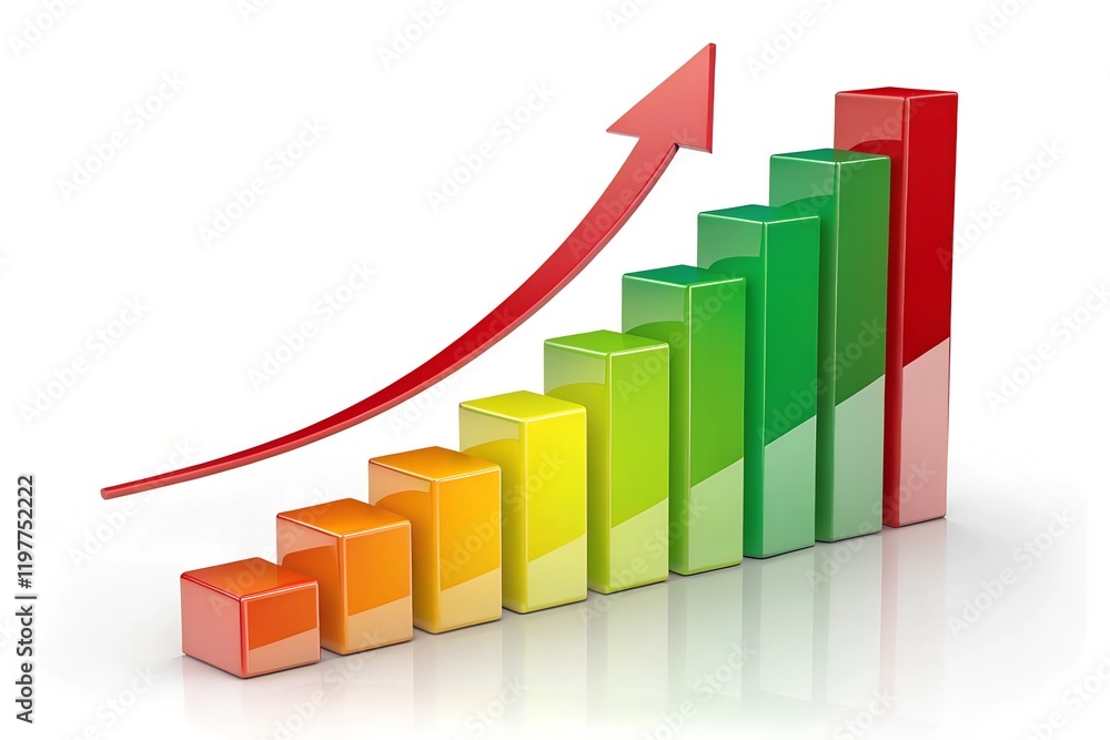 growing colorful bar chart with red up arrow on white background with reflection, 3d illustration growing colorful bar chart with red up arrow on white background with reflection, 3d illustration
