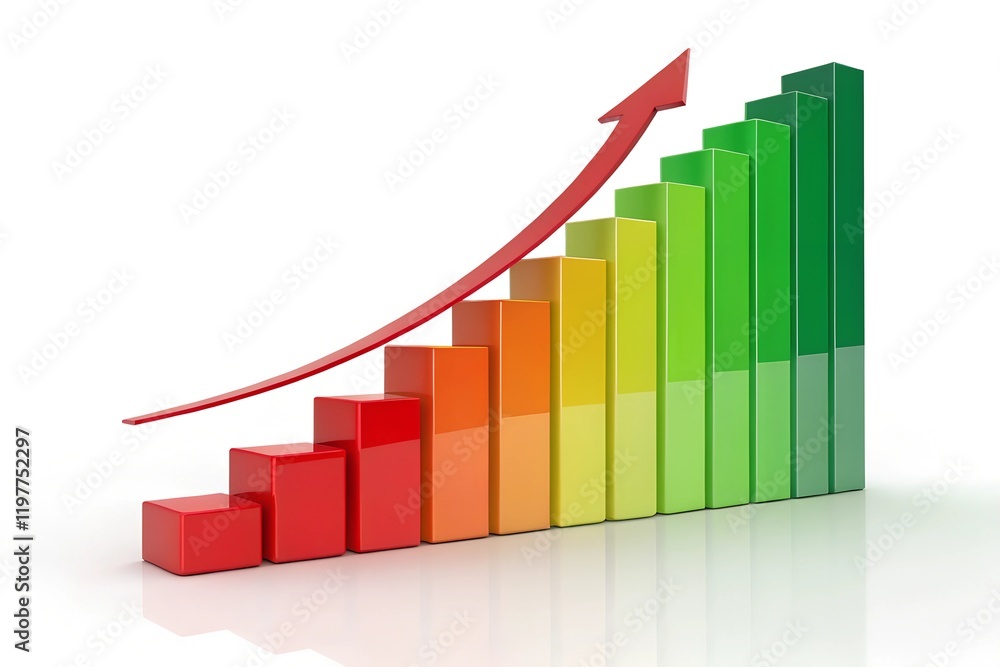 growing colorful bar chart with red up arrow on white background with reflection, 3d illustration growing colorful bar chart with red up arrow on white background with reflection, 3d illustration