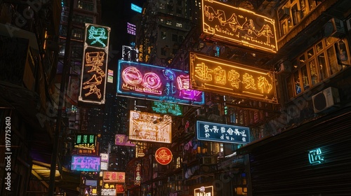 Neon-lit Asian city street, night, signage, cyberpunk backdrop, futuristic film