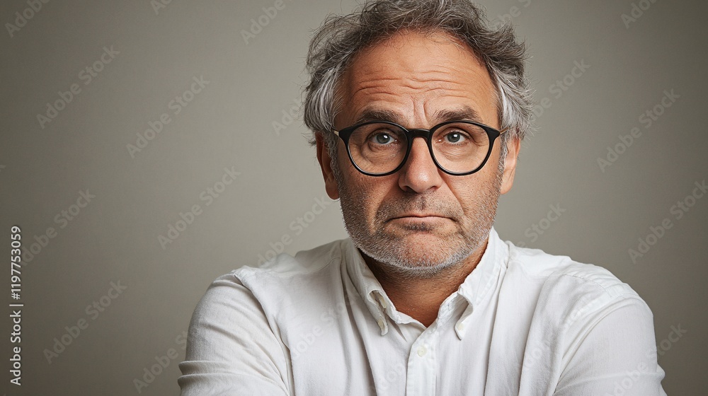 Man with glasses showing thoughtful expression in neutral background Man with glasses showing thoughtful expression in neutral background