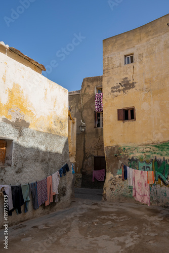 Colorful wall with laundry, El Jadida, Morocco,