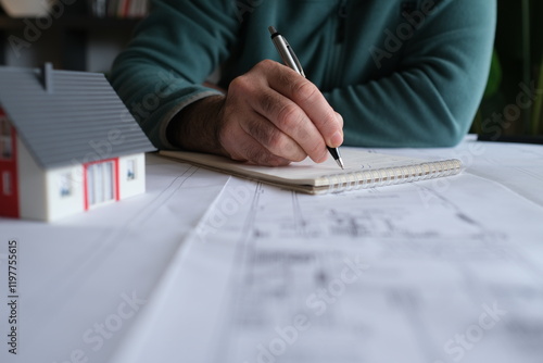 Architect man holding pencil working with laptop and blueprints for architectural plan, engineer sketching a construction project concept.