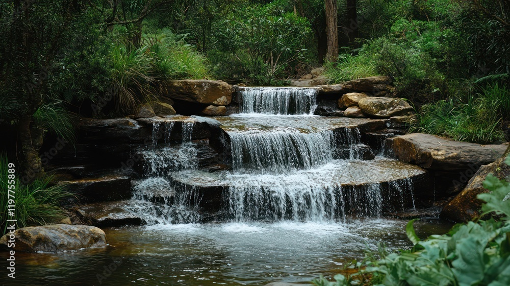 Naklejka premium Serene Waterfall Cascading Through Lush Greenery