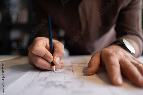 Architect man holding pencil working with laptop and blueprints for architectural plan, engineer sketching a construction project concept.