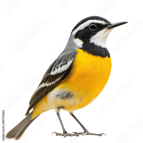 Yellow-throated Warbler perched elegantly showcasing vibrant yellow and black plumage, detailed feathers, sharp beak, and striking eye features, isolated on transparent background, png photo