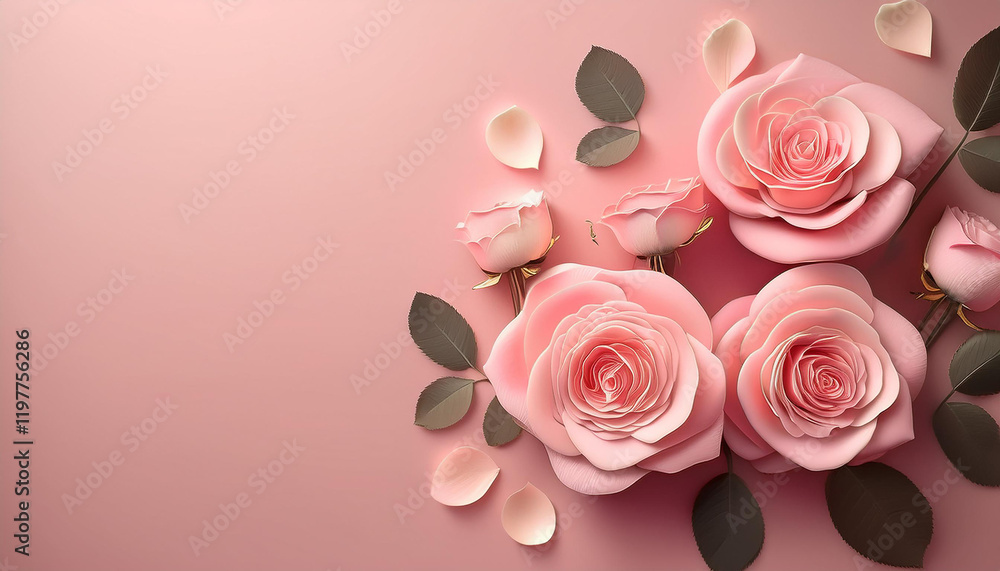 A beautiful arrangement of pink roses on a soft pink background. The roses are in full bloom and have a delicate, almost papery quality.