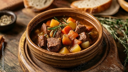 A hearty beef and vegetable stew with tender chunks of meat, served in a rustic ceramic bowl, Stew centered photo