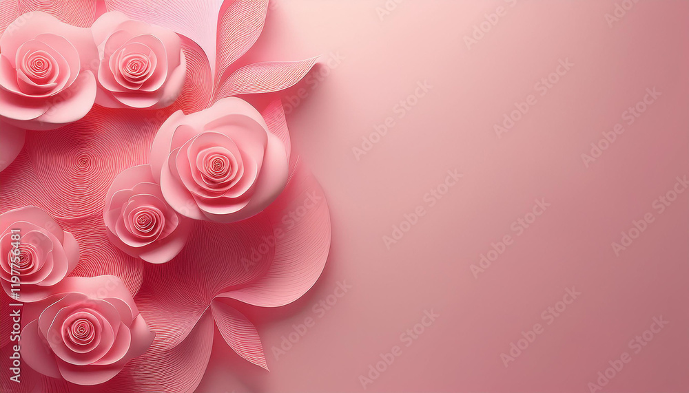 A beautiful arrangement of pink roses on a soft pink background. The roses are in full bloom and have a delicate, almost papery quality.