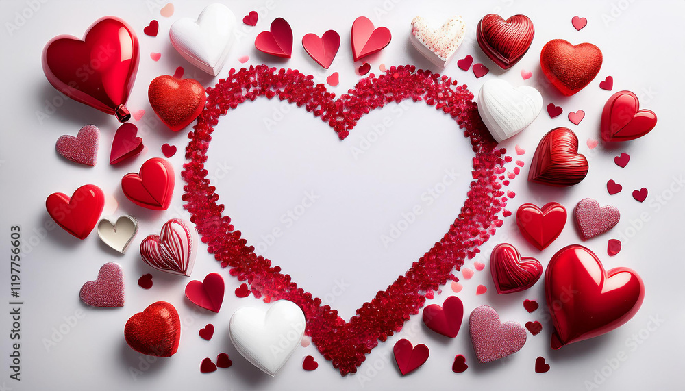 A festive and romantic composition featuring a variety of hearts arranged on a white background. The hearts are in different sizes