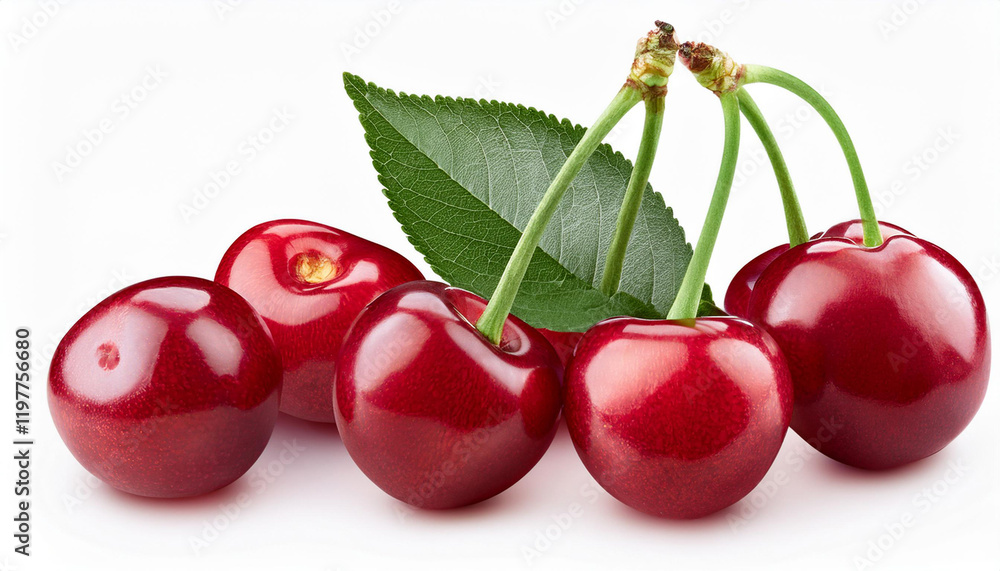 cherry isolated on white background with clipping path fresh cherries with stems and leaves cherry isolated on white background with clipping path fresh cherries with stems and leaves