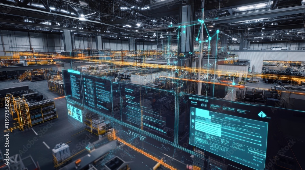 Fototapeta premium An advanced analytics dashboard with a panoramic view of manufacturing predictions featuring interconnected nodes and lines that illustrate the flow of information and predicted outcomes.