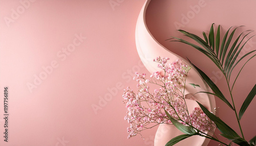 minimalist, abstract composition featuring a delicate pink flower arrangement against a soft pink background. 