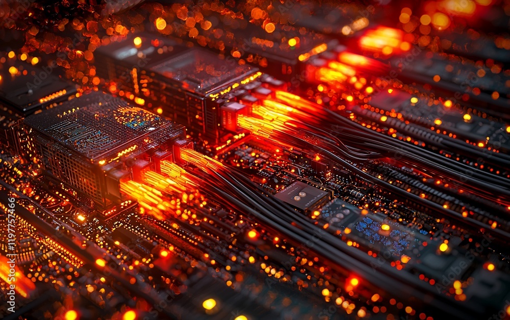 Glowing orange circuits and cables on a motherboard. Glowing orange circuits and cables on a motherboard.