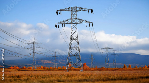 High-voltage power lines stretching across a scenic autumn landscape, emphasizing energy transmission and nature photo