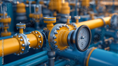 Close-up of gas pipeline valves and gauges, showcasing precision engineering and industrial infrastructure photo