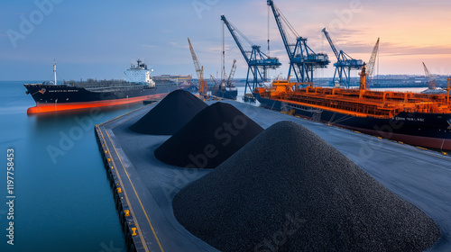 Industrial dock with large coal piles and cargo ships, showcasing global trade and energy export logistics