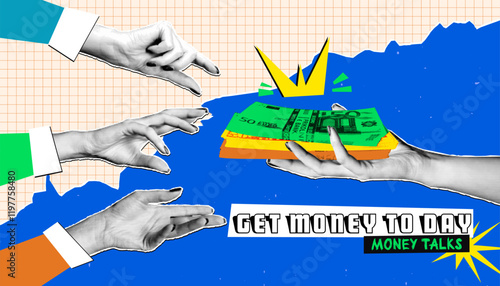 Hands with a halftone effect reach for a wad of money in a colorful collage that highlights the financial exchange. The concept of financial transactions where hands exchange money.