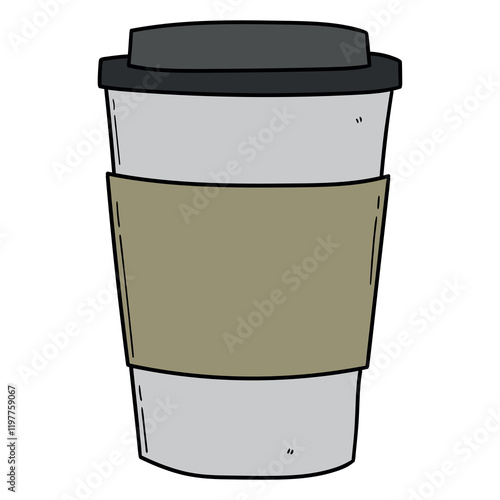 Hand drawn cartoon disposable paper cup with lid on white background.