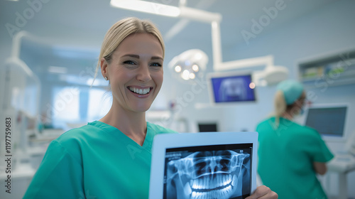 A smiling dentist showcasing a dental X-ray in a modern clinic, emphasizing professional care and expertise photo