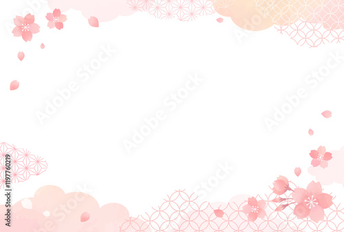 春　桜　ピンク　和柄　雲　水彩風　背景	

