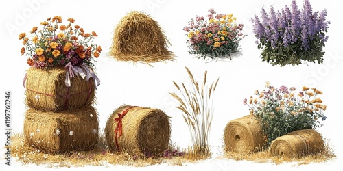 Colorful floral arrangements on hay bales in a serene rural setting under bright sunlight